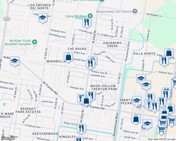 map of restaurants, bars, coffee shops, grocery stores, and more near 2300 Zenaida Avenue in McAllen