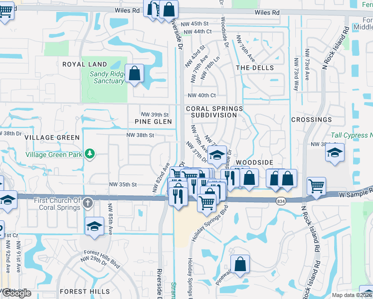 map of restaurants, bars, coffee shops, grocery stores, and more near 3711 Riverside Drive in Coral Springs
