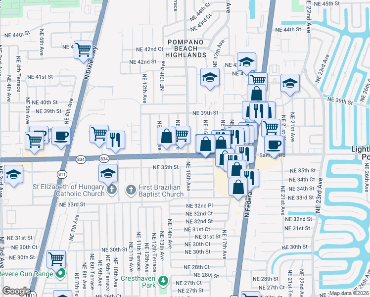 map of restaurants, bars, coffee shops, grocery stores, and more near 3611 Northeast 15th Avenue in Pompano Beach
