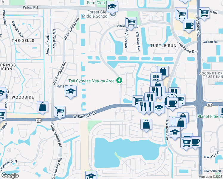 map of restaurants, bars, coffee shops, grocery stores, and more near 4098 Turtle Run Boulevard in Coral Springs