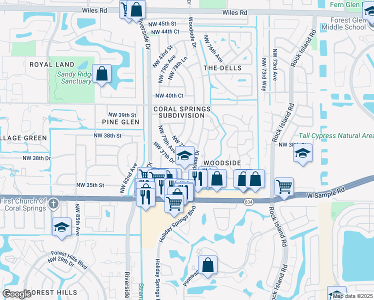 map of restaurants, bars, coffee shops, grocery stores, and more near 3700 Northwest 78th Lane in Coral Springs