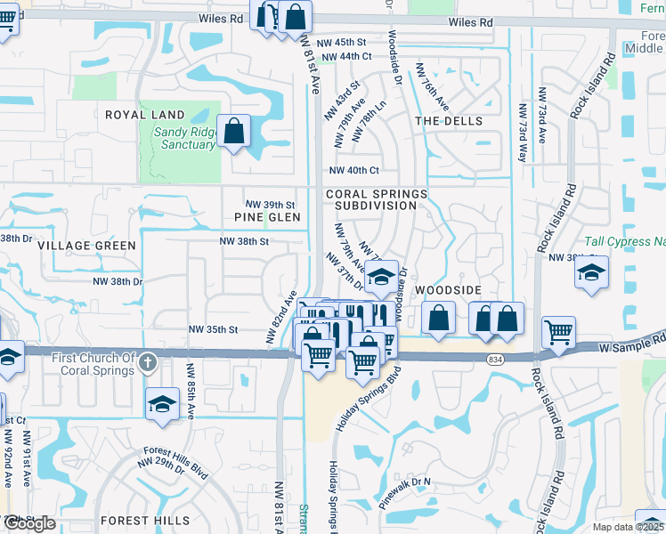 map of restaurants, bars, coffee shops, grocery stores, and more near 3694 Northwest 81st Avenue in Coral Springs