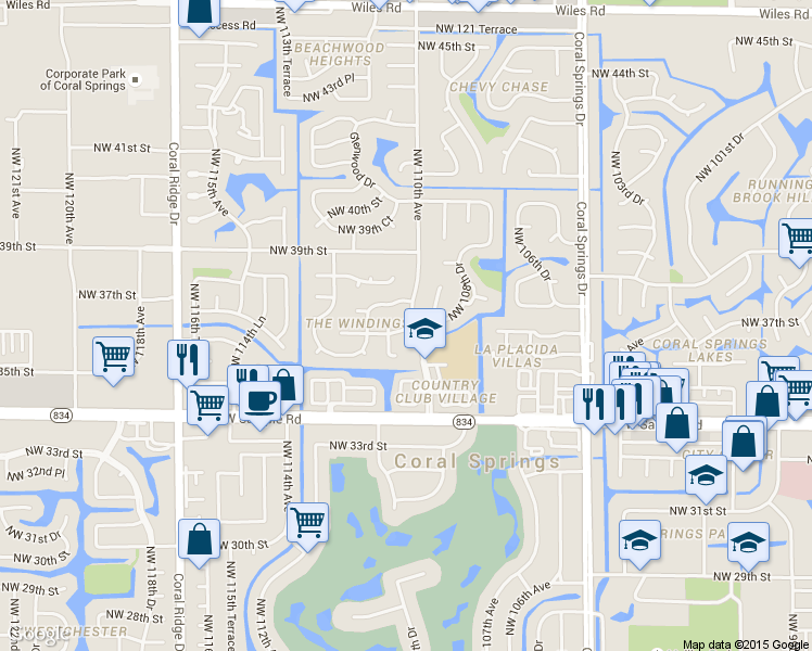 map of restaurants, bars, coffee shops, grocery stores, and more near 3640A Northwest 110th Lane in Coral Springs