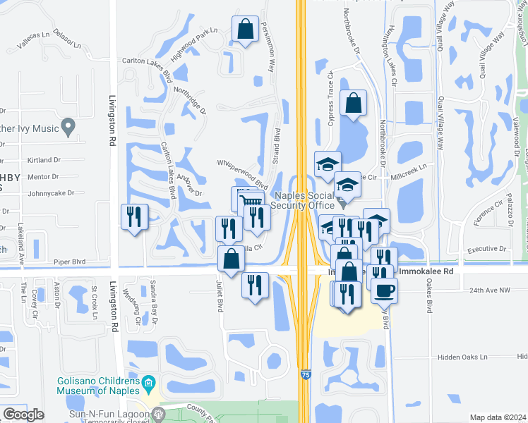 map of restaurants, bars, coffee shops, grocery stores, and more near 5815 Mango Circle in Naples