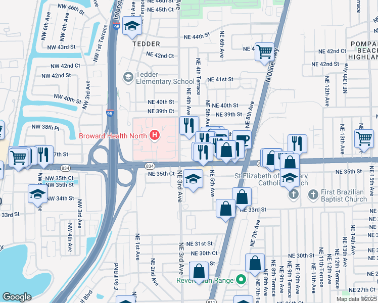 map of restaurants, bars, coffee shops, grocery stores, and more near 401 East Sample Road in Pompano Beach