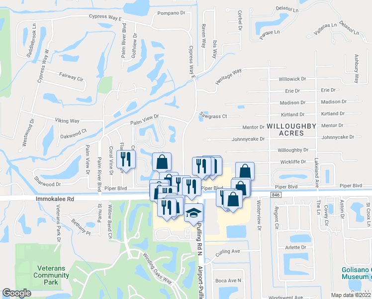 map of restaurants, bars, coffee shops, grocery stores, and more near 140 Cypress Way East in Naples