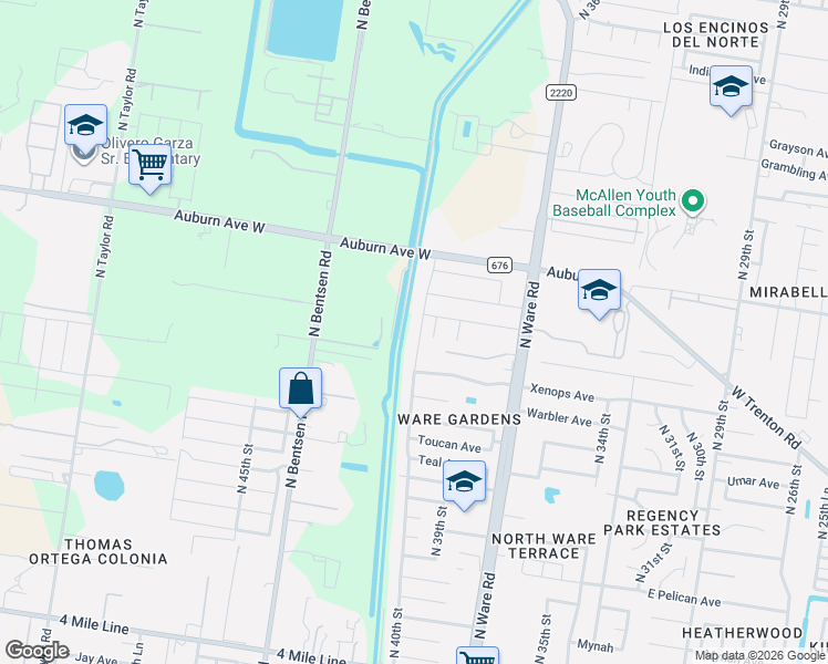 map of restaurants, bars, coffee shops, grocery stores, and more near 7609 North 40th Street in McAllen
