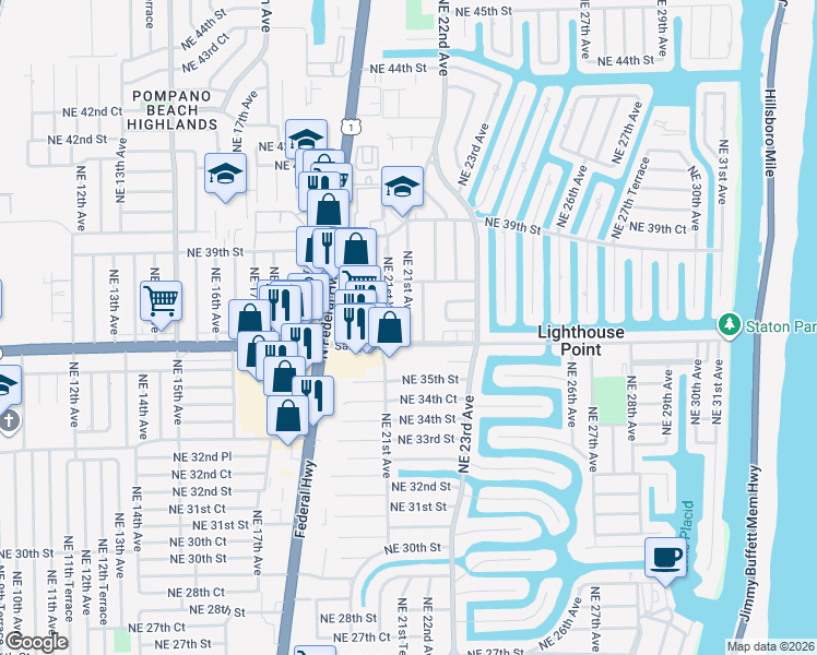 map of restaurants, bars, coffee shops, grocery stores, and more near 36 Northeast 36th Street in Lighthouse Point