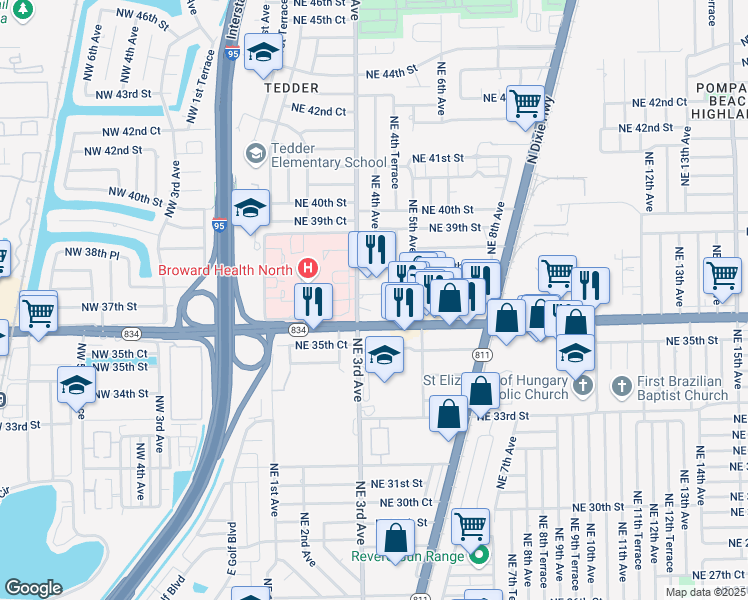 map of restaurants, bars, coffee shops, grocery stores, and more near 401 East Sample Road in Pompano Beach