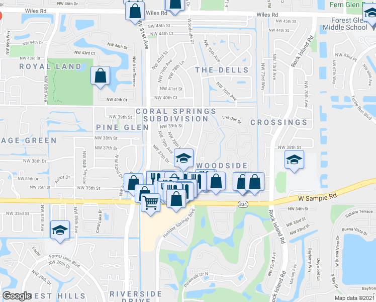 map of restaurants, bars, coffee shops, grocery stores, and more near 3700 Northwest 78th Lane in Coral Springs
