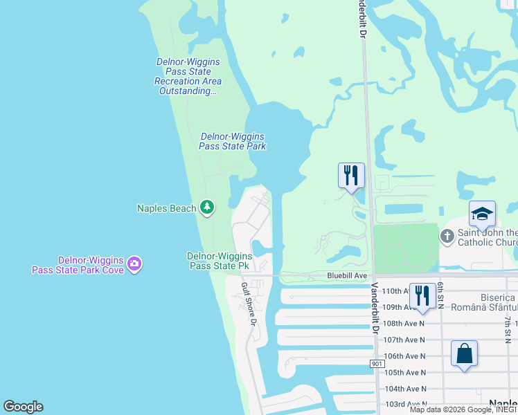 map of restaurants, bars, coffee shops, grocery stores, and more near 27 Bluebill Avenue in Naples