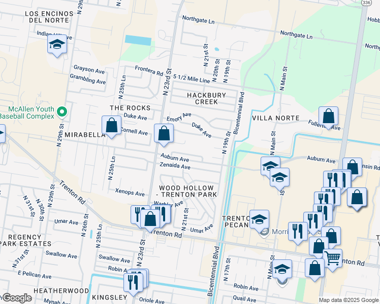 map of restaurants, bars, coffee shops, grocery stores, and more near 1945 Baylor Avenue in McAllen