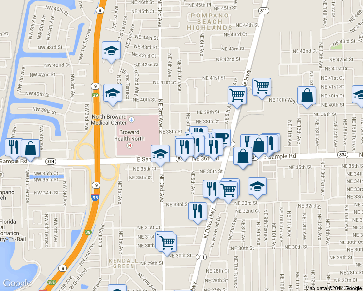 map of restaurants, bars, coffee shops, grocery stores, and more near 401 East Sample Road in Pompano Beach