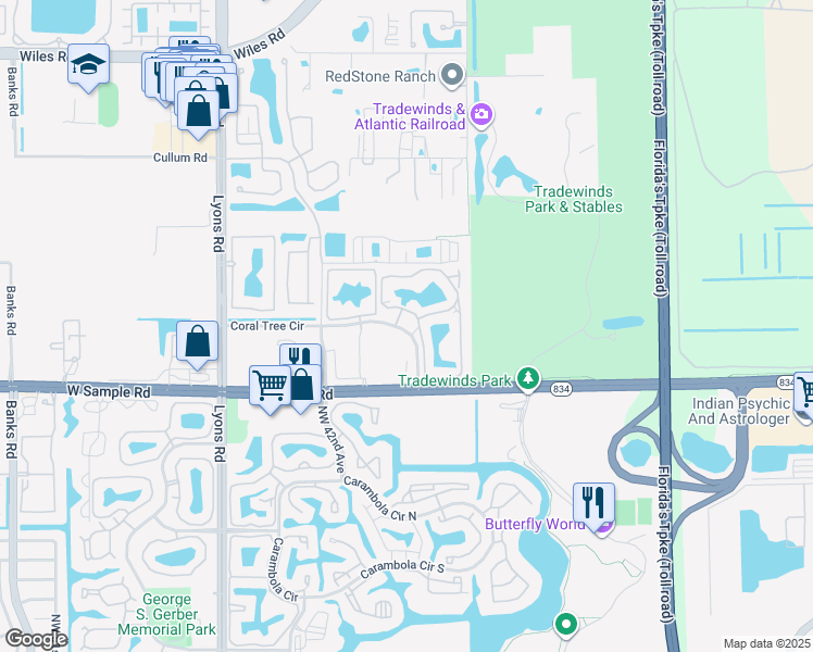 map of restaurants, bars, coffee shops, grocery stores, and more near 4101 West Sample Road in Coconut Creek
