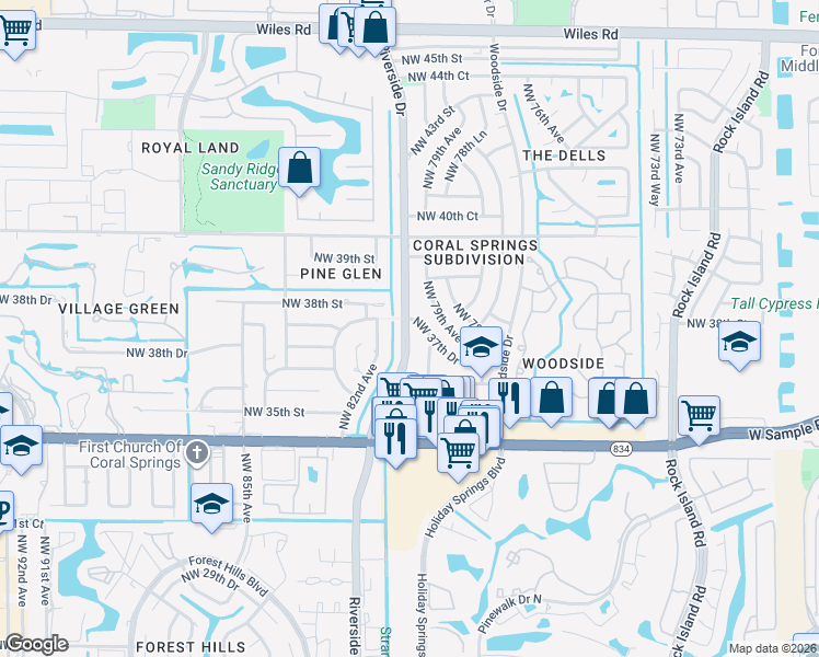 map of restaurants, bars, coffee shops, grocery stores, and more near 3694 Northwest 81st Avenue in Coral Springs