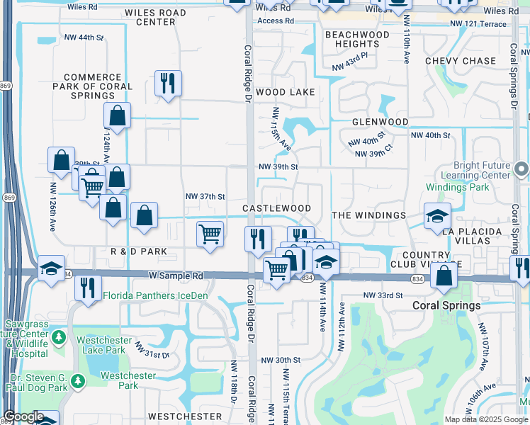 map of restaurants, bars, coffee shops, grocery stores, and more near 11627 Northwest 36th Street in Coral Springs
