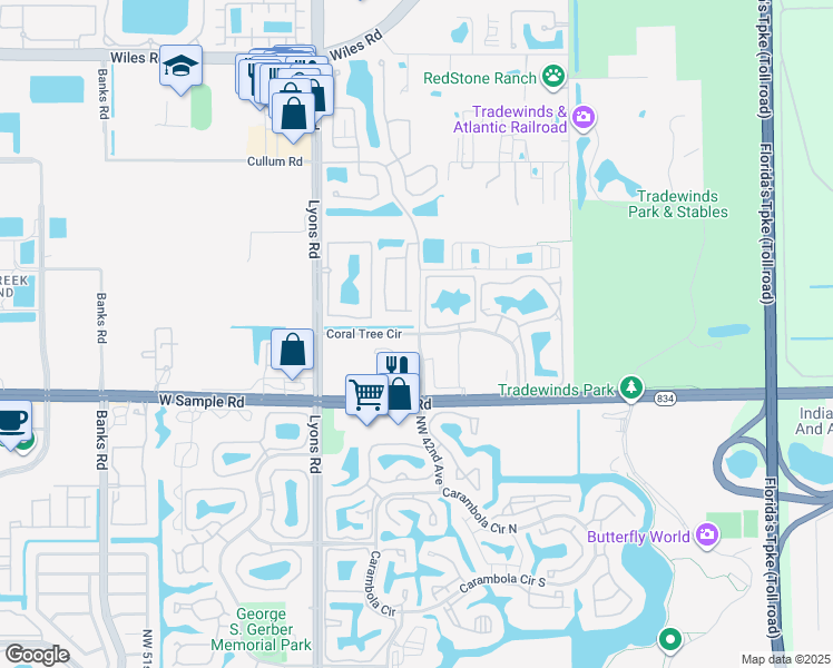 map of restaurants, bars, coffee shops, grocery stores, and more near 3800 Coral Tree Circle in Coconut Creek
