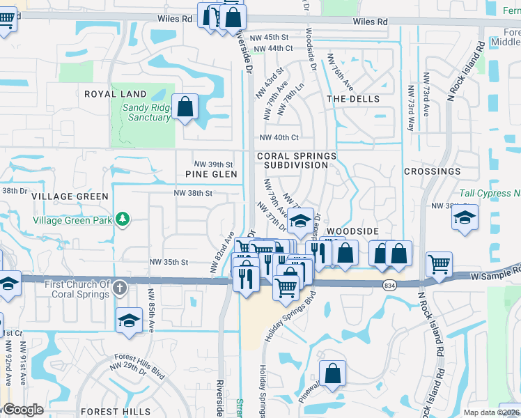 map of restaurants, bars, coffee shops, grocery stores, and more near 3694 Northwest 81st Avenue in Coral Springs