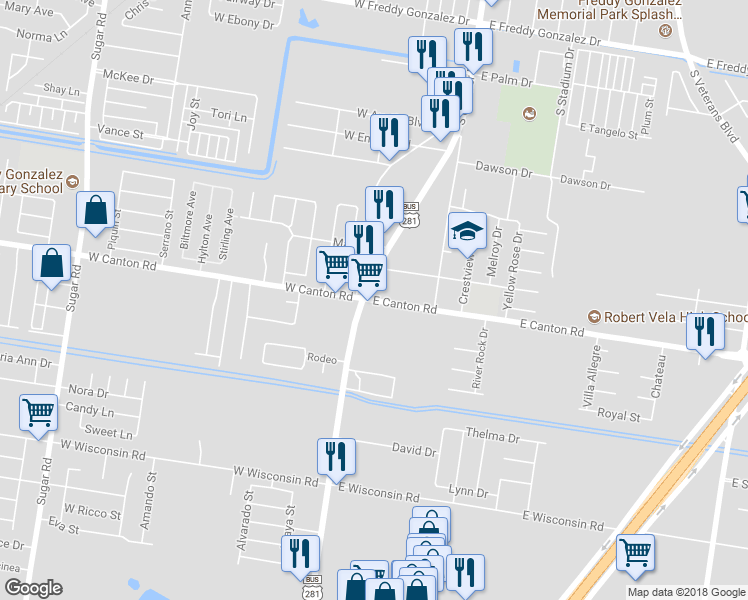 map of restaurants, bars, coffee shops, grocery stores, and more near 139 East Canton Road in Edinburg