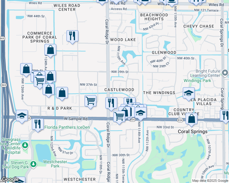 map of restaurants, bars, coffee shops, grocery stores, and more near 11627 Northwest 36th Street in Coral Springs