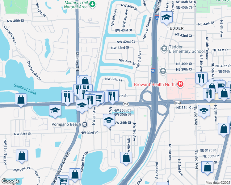 map of restaurants, bars, coffee shops, grocery stores, and more near 3821 Northwest 4th Avenue in Pompano Beach