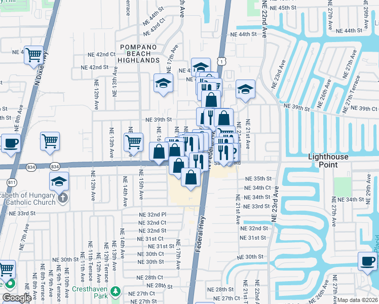 map of restaurants, bars, coffee shops, grocery stores, and more near 3731 Northeast 18th Terrace in Pompano Beach