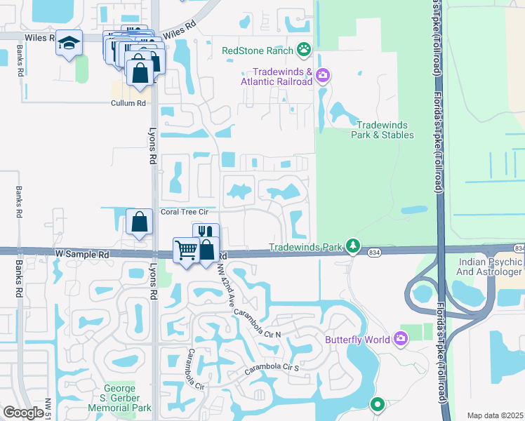 map of restaurants, bars, coffee shops, grocery stores, and more near 3892 Coral Tree Circle in Coconut Creek