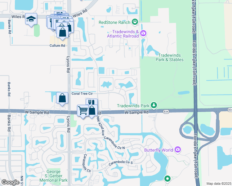 map of restaurants, bars, coffee shops, grocery stores, and more near 3892 Coral Tree Circle in Coconut Creek