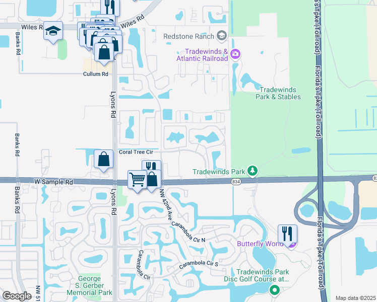 map of restaurants, bars, coffee shops, grocery stores, and more near 3892 Coral Tree Circle in Coconut Creek