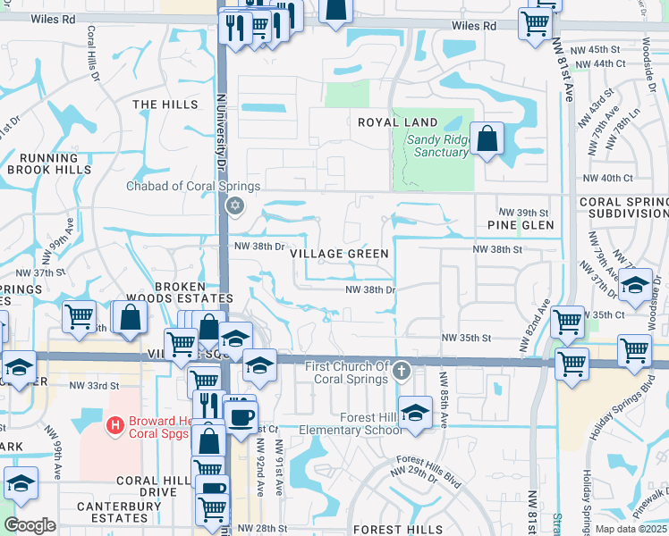 map of restaurants, bars, coffee shops, grocery stores, and more near 3805 NW 89th Way in Coral Springs