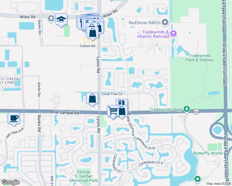map of restaurants, bars, coffee shops, grocery stores, and more near 3801 Northwest 43rd Terrace in Coconut Creek