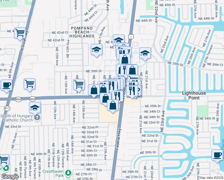map of restaurants, bars, coffee shops, grocery stores, and more near 3731 Northeast 18th Terrace in Pompano Beach