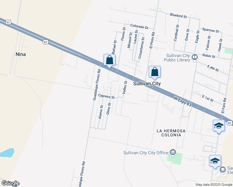 map of restaurants, bars, coffee shops, grocery stores, and more near 152 Pino Street in Sullivan City