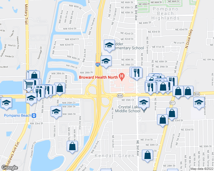 map of restaurants, bars, coffee shops, grocery stores, and more near 51 West Sample Road in Pompano Beach