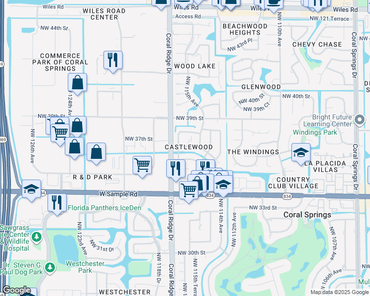 map of restaurants, bars, coffee shops, grocery stores, and more near 3735 Northwest 116th Terrace in Coral Springs