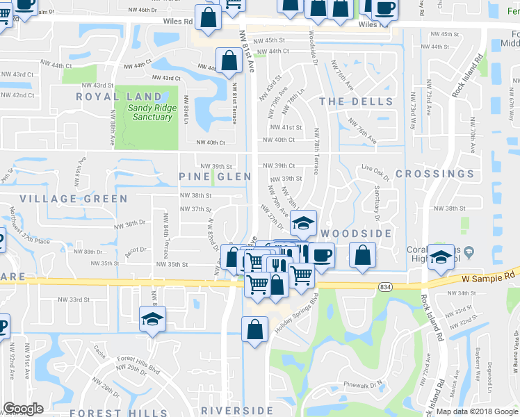 map of restaurants, bars, coffee shops, grocery stores, and more near 3719 Riverside Drive in Coral Springs