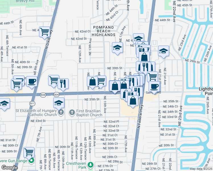 map of restaurants, bars, coffee shops, grocery stores, and more near 3740 Northeast 15th Avenue in Pompano Beach
