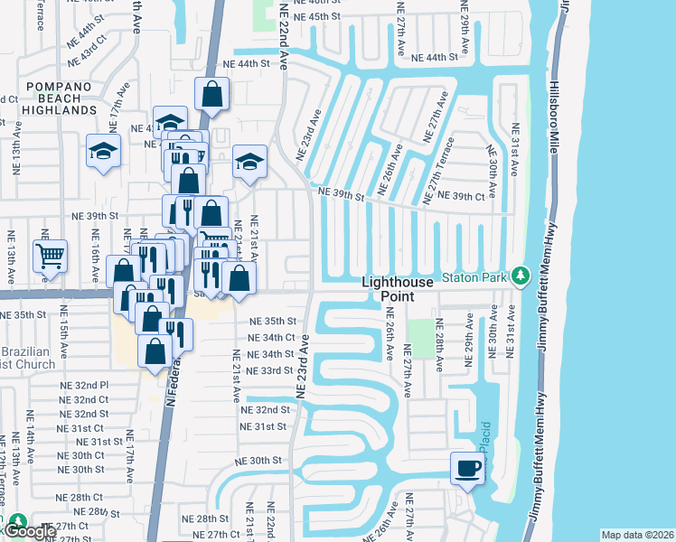 map of restaurants, bars, coffee shops, grocery stores, and more near 3700 Northeast 24th Avenue in Lighthouse Point