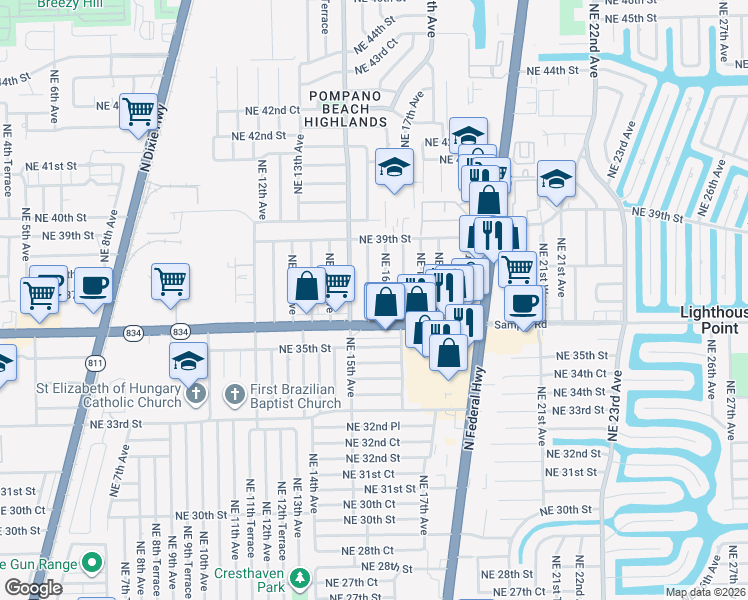 map of restaurants, bars, coffee shops, grocery stores, and more near 3730 Northeast 16th Avenue in Pompano Beach