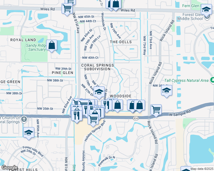 map of restaurants, bars, coffee shops, grocery stores, and more near 3840 Northwest 78th Avenue in Coral Springs