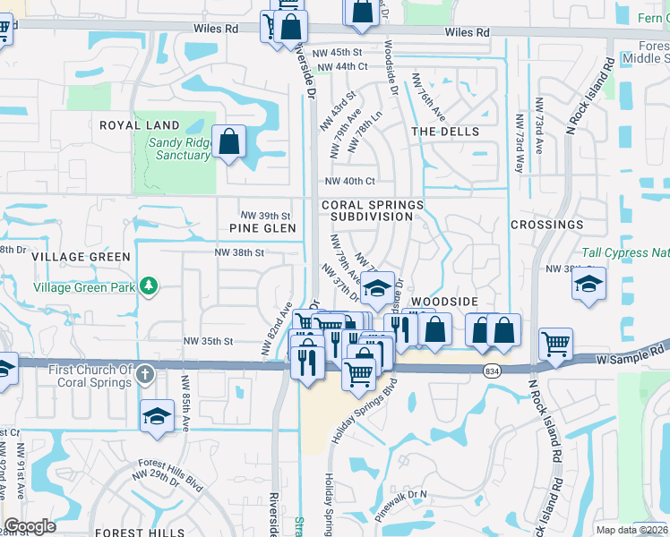 map of restaurants, bars, coffee shops, grocery stores, and more near 3801 Northwest 79th Avenue in Coral Springs