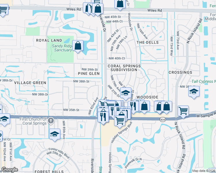 map of restaurants, bars, coffee shops, grocery stores, and more near 3750 Riverside Drive in Coral Springs