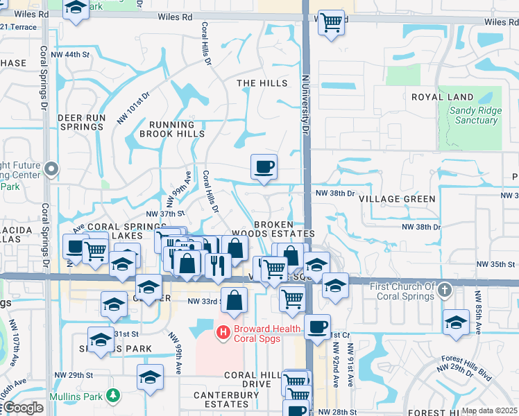 map of restaurants, bars, coffee shops, grocery stores, and more near 9503 Northwest 38th Street in Coral Springs