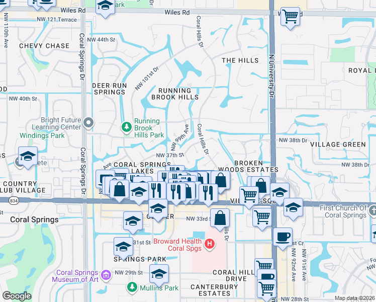 map of restaurants, bars, coffee shops, grocery stores, and more near 9811 Northwest 37th Street in Coral Springs