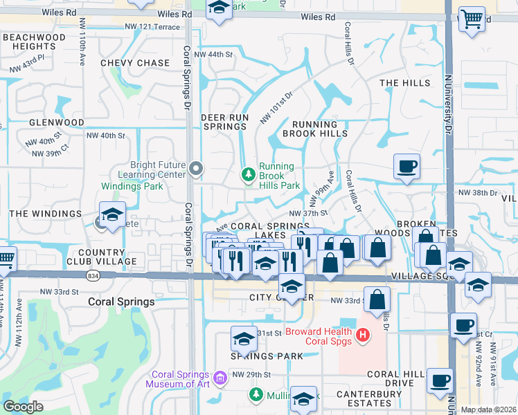 map of restaurants, bars, coffee shops, grocery stores, and more near 10170 Northwest 39th Court in Coral Springs