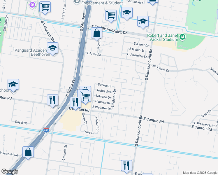 map of restaurants, bars, coffee shops, grocery stores, and more near 1903 Butkus Drive in Edinburg
