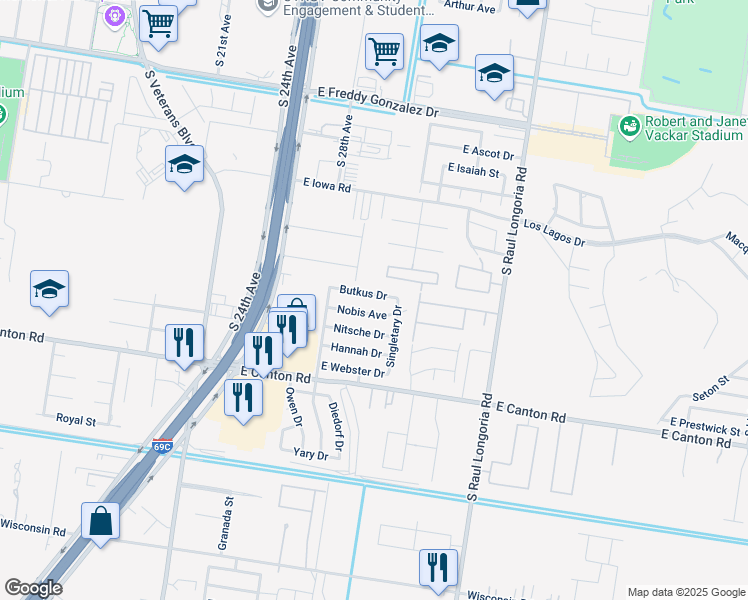 map of restaurants, bars, coffee shops, grocery stores, and more near 1906 Butkus Drive in Edinburg