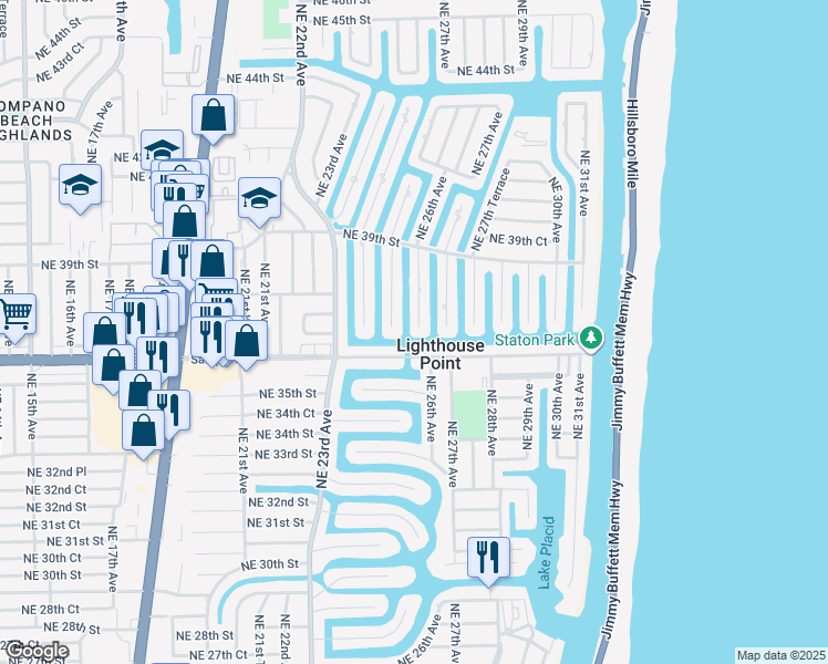 map of restaurants, bars, coffee shops, grocery stores, and more near 3720 Northeast 26th Avenue in Lighthouse Point