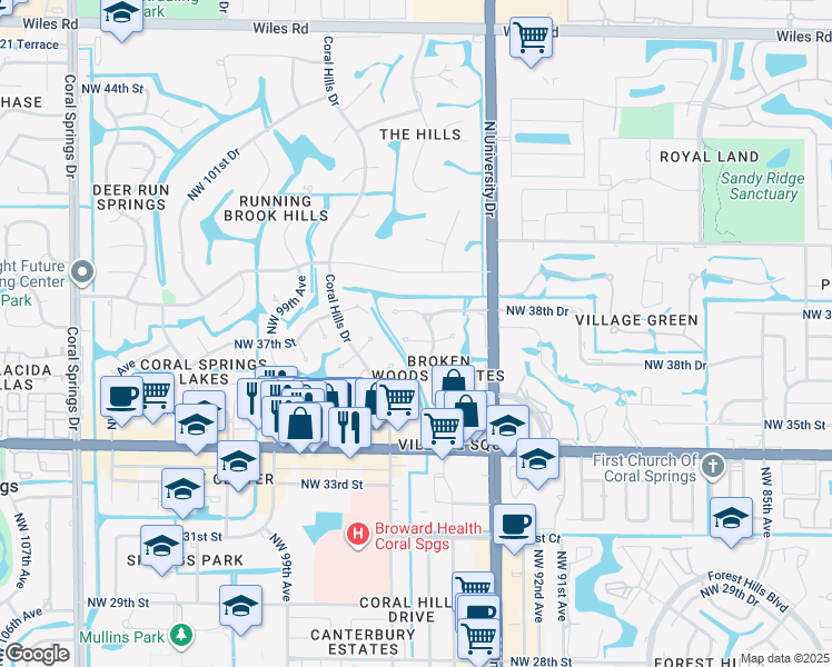 map of restaurants, bars, coffee shops, grocery stores, and more near 9503 Northwest 38th Street in Coral Springs