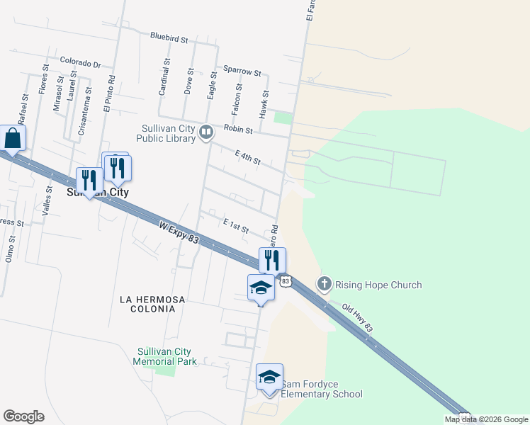 map of restaurants, bars, coffee shops, grocery stores, and more near 165 El Faro Road in Sullivan City